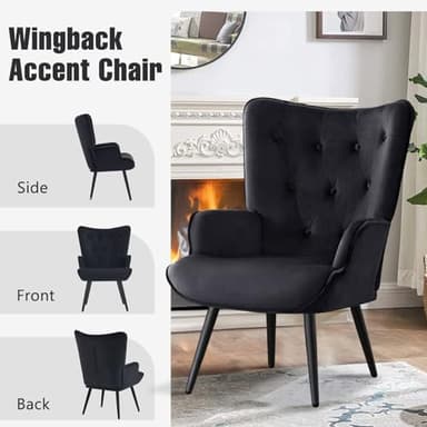 Furniliving Velvet Accent Chair for Living Room, Upholstered Reading Chair with High Backrest, Tufted-Button Wingback Armchair for Bedroom, Dressing Room, Home Office, Black, Set of 2 - Image 7