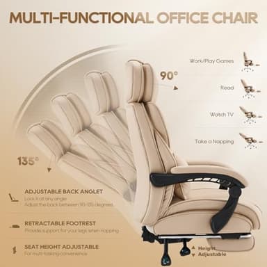 COLAMY Office Chair with Retractable Footrest, Ergonomic High Back Design Executive Computer Desk Chair with Removable Lumbar Pillow, 90-135°Reclining, Thick Bonded Leather for Home Office Work, Khaki - Image 7