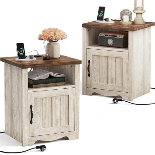 LINSY Farmhouse Night Stand Set of 2, 18.9” Wood End Table with Charging Station, Side Table for Bedroom, Living Room, Couch with USB Ports and Outlets, Nightstand with Storage, Beige - Image 1