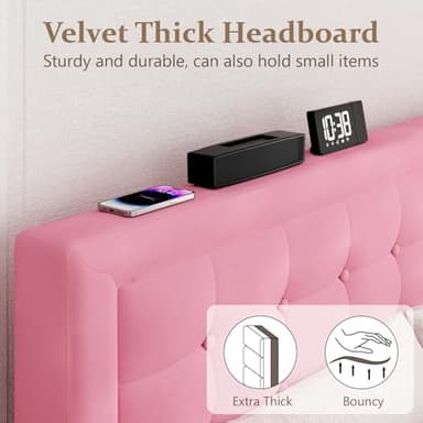 CXVX Queen Size Bed Frame with Headboard, Platform Bed Frame with Velvet Upholstered Button Tufted Headboard, Wood Slats Support, No Box Spring Needed, Mattress Foundation, Easy Assembly, Pink - Image 4