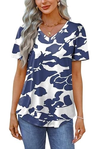 OFEEFAN Womens Tops Summer Tops for Women 2025 Puff Sleeve Beach Vacation Outfits Plain Tee Blouses Casual Dressy Tshirts Shirts Floral M - Image 4