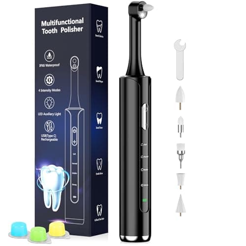 Tooth Polisher, Rechargeable Teeth Polisher with 5 Brush Heads, 4 Speed Modes, Tooth Whitening Kit for Cleaning and Polishing, LED Light, 3 Polish Pastes, IPX6 Waterproof Teeth Cleaning Tools, Black - Image 1