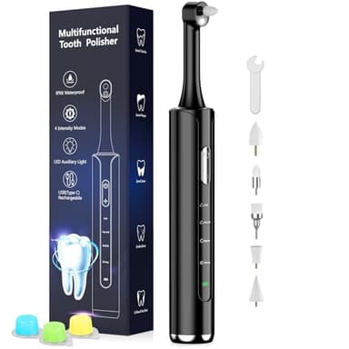 Tooth Polisher, Rechargeable Teeth Polisher with 5 Brush Heads, 4 Speed Modes, Tooth Whitening Kit for Cleaning and Polishing, LED Light, 3 Polish Pastes, IPX6 Waterproof Teeth Cleaning Tools, Black - Image 1