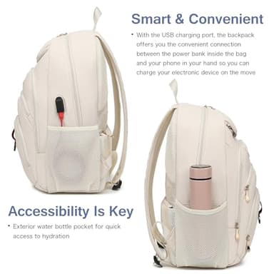 Boavan Laptop Backpack for women,15.6 inch Laptop Bag with USB Port, Waterproof Travel Work Backpack Purse, Anti-Theft Teacher Nurse Doctor Casual Bookbags Office Business backpack，Cream Beige - Image 6