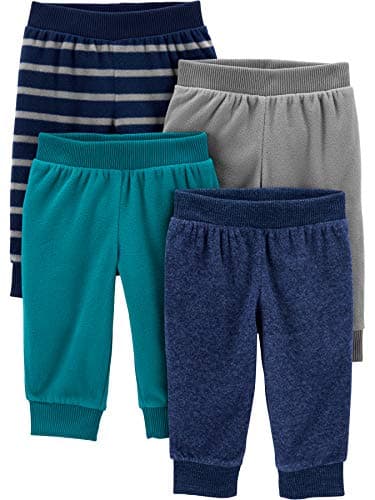 Simple Joys by Carter's Baby 4-Pack Fleece Pants, Blue Heather/Grey/Navy Stripe/Teal Blue, 12 Months - Image 1