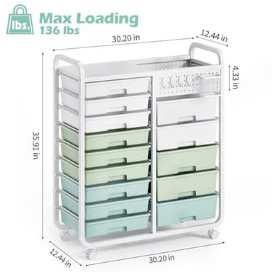 SYKIARIOL 14 Drawer Rolling Cart with Tabletop & DIY Pegboard, Storage Cart with Wheels, Classroom Organizers Utility Cart for Office Home School, Art Supplies, Mobile Craft Organizer, Green - Image 3