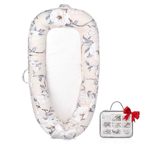 JOCUTE Baby Lounger,100% Soft Breathable, Portable Canvas Newborn Lounger Infant Floor Seat Cushion for Travel, Tummy Time, Newborn Must Have Essentials Baby Shower Registry Search(Flower) - Image 1
