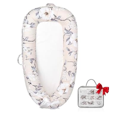 JOCUTE Baby Lounger,100% Soft Breathable, Portable Canvas Newborn Lounger Infant Floor Seat Cushion for Travel, Tummy Time, Newborn Must Have Essentials Baby Shower Registry Search(Flower) - Image 1