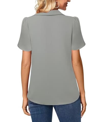 Lotusmile Womens Chiffon Blouses for Work Puff Short Sleeve Dressy Casual Tops with Collared V Neck Design Grey - Image 5