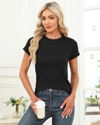 Memorose Womens Short Sleeve Tops Summer T Shirts Round Neck Fashion Causal Basic Tee Black L - Image 2