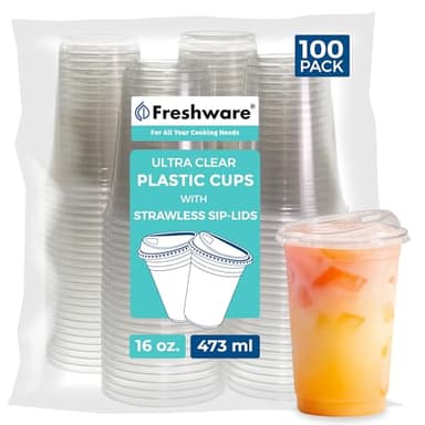 Freshware Clear Plastic Cups with Strawless Sip Lids [100 Cups - 16 oz] Disposable Tumblers for Iced Coffee, Smoothie, Milkshake, Cold Drinks - Image 1