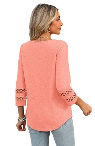 3/4 Length Sleeve Womens Tops and Blouses Lace Sleeve V Neck Tshirts Spring Outfits for Women 2025 Beach Vacation Clothes Coral L - Image 5
