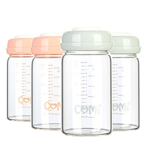 COMI Wide Neck Glass Breastmilk Collection n Storage Bottle, 4 Packs, 6oz with Screw Ring Sealing Disk; Re-markable Sealing Disc. BPA Free, Fits Breast Pumps & Nipples (2 Gray Lids + 2 Pink Lids) - Image 1