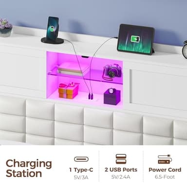 Rolanstar Bed Frame Twin Size with Charging Station, Bookcase Headboard Bed with LED Light and Sliding Doors, Platform Bed with Wooden Slats, No Box Spring Needed, Noise Free, White - Image 4