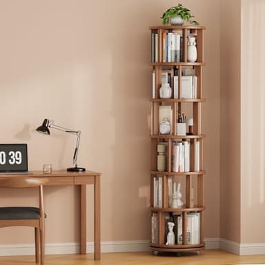 Muwuele Solid Wood Rotating Bookshelf on Wheels, 6 Tier, Round Revolving Bookcase, 360° Spinning Book Shelf Tower for Kids, Narrow Rolling Bookshelves for Small Space, Corner, Bedroom, Office, Walnut - Image 9