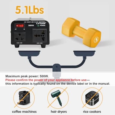 Yinleader 500W Voltage Transformer Power Converter(110V to 220V, 220V to 110V) Step Up/Down Converter 110/120 Volt - 220/240 Volt w/US Power Cord [300W Continuous Power] - Image 2