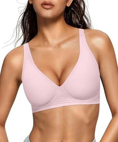 OEAK Womens Deep V Bras Wireless Comfortable Bra Supportive No Underwire Bras Tshirt Push Up Bralettes Plunge Seamless Bra 2XL Pink - Image 1