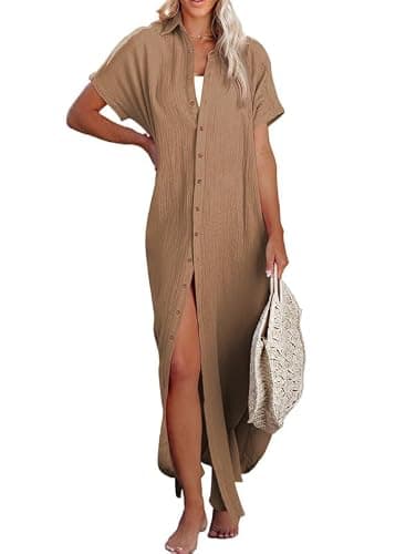 Dokotoo Swimsuit Bathing Suit Cover Up for Women Swimwear 2025 Fashion Summer Dresses Button Down Long Kimonos Cardigan Vacation Beach Short Sleeve Side Split Casual Solid Loose Coverups Brown M - Image 1