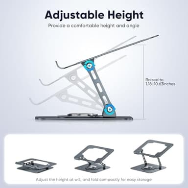 mearens Laptop Stand, 360° Rotating Foldable Adjustable Computer Stand for 8 to 17.3 inches Laptop & Tablet, Carbon Steel, 45LB Capacity, Anti-Slip, Ergonomic Design (Starry Gray - Image 3