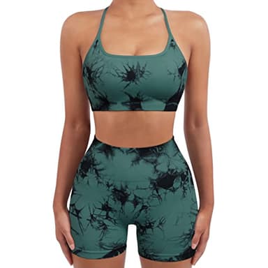 SUUKSESS Women Seamless 2 piece Workout Sets Strappy Padded Sports Bra Booty High Waisted Shorts Outfits (Deep Green Tie Dye,M) - Image 2