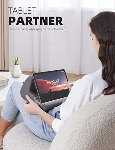 Lamicall Tablet Stand Pillow Holder - Tablet Pillow Soft Pad for Bed, Lap Phone Stand with Stylus Mount & Pocket, for iPad Pro 12.9, Air, Mini, Kindle, Galaxy Tab and 4-13" Devices, Dark Grey - Image 2