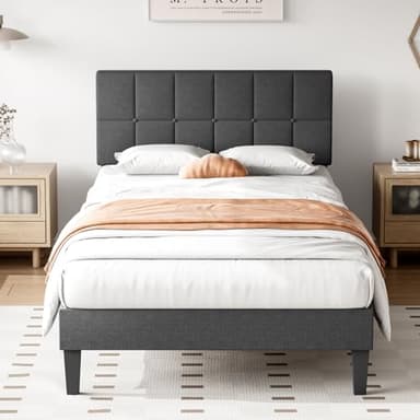 Sweetcrispy Twin Size Wood Bed Frame - Linen Upholstered Platform Bed with Headboard, No Box Spring Needed with 800LBS Sturdy Wooden Slats Support, Noise Free, Easy Assembly, Dark Grey - Image 3