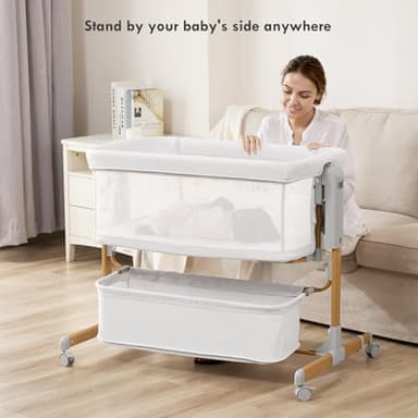 Baby Bassinet Bedside Sleeper, 3-in-1 Rocking Bassinet for Baby with 6-Level Height Adjustable, 4 Wheels & Breathable Mesh Walls, Portable Bedside Bassinet with Mattress for Newborn - Image 4