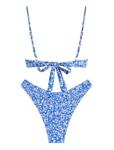 ZAFUL Women High Cut Bikini Sets String Sexy Swimsuit Two Piece Underwire Bathing Suit Brazilian Cheeky Cut Out Cute Swimwear Blue Flower L - Image 3