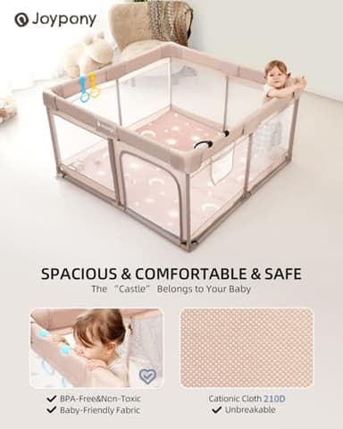 Joypony Baby Playpen with Mat, 50x50 in Small Play Pen for Babies, Toddler Playpen for Apartment, Indoors Play Yard with Soft Breathable Mesh (Beige with Mat) - Image 2