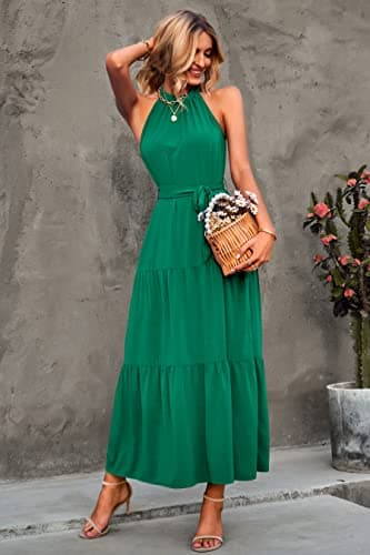 PRETTYGARDEN Women's Summer Maxi Sun Dress Sleeveless Halter Neck Flowy Ruffle Hem Long Boho Dresses with Belt (Solid Green,Medium) - Image 2