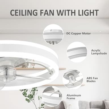 SAMPHON Low Profile Ceiling Fans with Lights and Remote, 15.7'' Led Flush Mount Ceiling Fan, Stepless Dimmable Bladeless Small Ceiling Fans with Lights for Bedroom, Living Room and Kitchen - White - Image 5