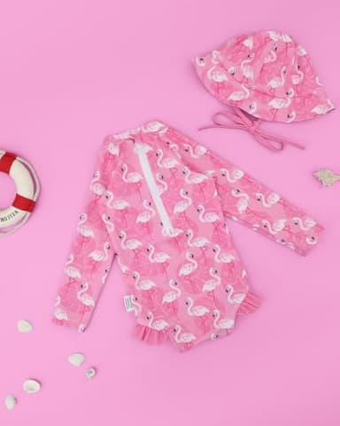 babygoal Infant Baby Girl One-Piece Swimsuit Long Sleeve Rash Guard with Hat Set, Flamingo Zipper Toddler Bathing Suit for Beach & Pool- YZU14-3-6M-B - Image 3