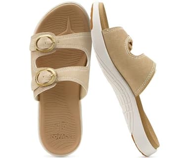 COFACE Womens Orthotic Slides Comfort Plantar Fasciitis Arch Support Slip on Flat Sandals Ladies Soft Cushion Fashion Yoga Mat Slippers With Adjustable Straps, Beige Size 8.5 - Image 8