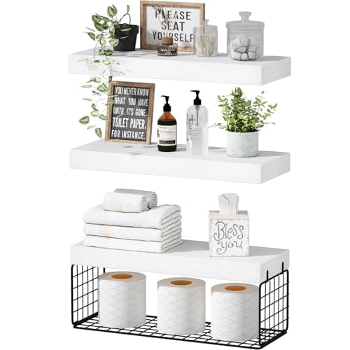 QEEIG Bathroom Shelves Over Toilet - Wall Mounted Floating Shelves Toilet Paper Storage Small Farmhouse Decor Shelf 16 inch Set of 3, White and Black (019-WB3) - Image 1