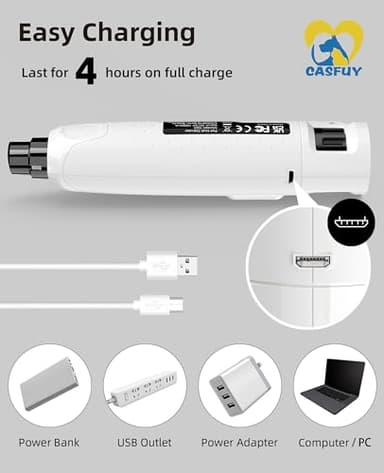 Casfuy Dog Nail Grinder Quiet - (45db) 6-Speed Pet Nail Grinder with 2 LED Lights for Large Medium Small Puppy Dogs/Cats, Professional 3 Ports Rechargeable Electric Dog Nail Trimmer with Dust Cap - Image 8