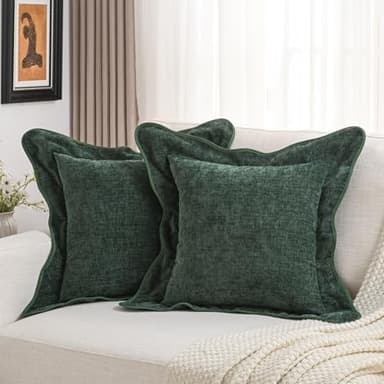 FUTEI Soft Cozy Dark Green Chenille Decorative Throw Pillow Covers 22x22 Inch Set of 2,Double Stitch Scalloped Bordered Cushion Case,Modern Home Decor for Couch Bed Living Room - Image 1