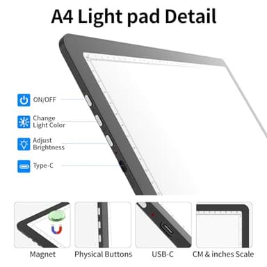 TOHETO A4 Light Board for Diamond Painting, Super Bright Magnetic Light Pad with Side Buttons, Lightbox for Tracing and Drawing, Corded Light Table for Sketching, Animation, Weeding Vinyl (Black) - Image 5