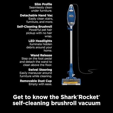 Shark HV343AMZ Rocket Corded Stick Vacuum with Self-Cleaning Brushroll, Lightweight & Maneuverable, Perfect for Pet Hair Pickup, Converts to a Hand Vacuum, Crevice Upholstery Tools, Blue/Silver - Image 10