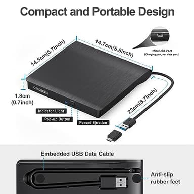 ORIGBELIE External CD/DVD Drive for Laptop, USB 3.0 CD Burner +/-RW CD ROM External DVD Drive Portable DVD Player for Laptop Desktop PC Apple Mac Windows 11/10/8/7/XP Linux OS - Image 6