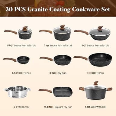 Kitchen Induction Cookware & Bakeware Set - 30 Piece Black Granite Cooking Pans Set, Non-Stick Pots and Pans Set - Image 7
