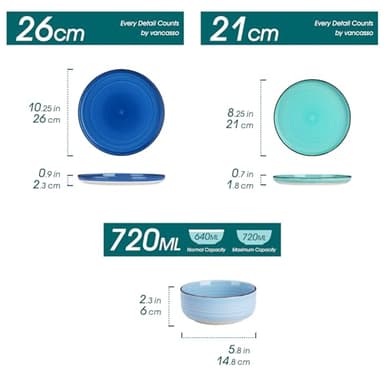 vancasso Bonita Dinnerware Sets 18 Pieces, Blue Stoneware Dishes Set for 6, Plates Set and Bowls Set, Dishwasher and Microwave Safe - Image 2