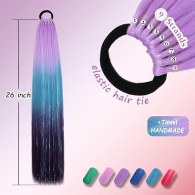 Newshair Colorful Ponytail Extension with Hair Tie, 26 inch Ombre Braid Ponytail Blend Hair Tinsel for Holiday Party Rainbow Festival(100g 1 Packs #Light Purple/Dark Green/Dark Purple) - Image 3