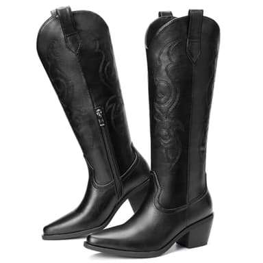 Platikly Black Cowboy Boots for Women - Embroidered Western Cowgirl Boots, Wide Calf Knee High Tall Footwear, Almond Pointed Toe Chunky Heel Pull On Zipper Classic Retro Country Style US 5 - Image 5