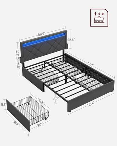 VASAGLE LED Bed Frame Full Size, Full Bed with Headboard and 4 Drawers, 1 USB Port and 1 Type C Port, Adjustable Upholstered Headboard 37.1/39.6 Inches, No Box Spring Needed, Dark Gray URMB822G71 - Image 2