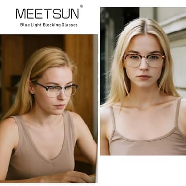 MEETSUN Blue Light Glasses Retro Half Frame Clear Lens - Anti-Eyestrain for Computer, Gaming & Phone Use | Women Men Fashion Bluelight Glasses(Black Frame+Leopard Frame / 2 PACK) - Image 2