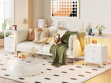 Furologee Nightstands Set of 2, End Tables Set of 2 with Charging Station and LED Lights, White Night Stands with 2 Fabric Drawers, Bedside Tables for Living Room/Bedroom - Image 2