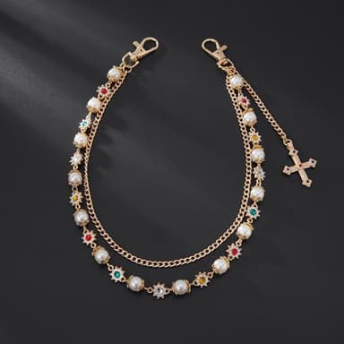 Fashion Layered Pants Wallet Chains - Exquisite Gold Silver Rhinestone Flower Pearl Jean Pocket Chain for Women Men Cute Bag Purse Charms Jewelry (link gold) - Image 5