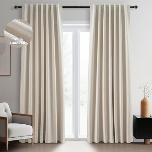 Topfinel Beige Linen Blackout Curtains 84 Inch Long, Modern Black Out Curtains for Bedroom Windows Treatments, Cream Heat & Cold Blocking Back Tab Pleated Drapes for Living Room 2 Panels Cottage 7 FT - Image 1