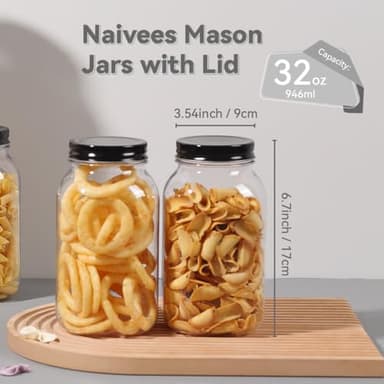 Naivees 32 OZ Storage Containers Clear Plastic Mason Jars with Screw On Lids, Plastic Empty Jars for Kitchen and Household,BPA Free, Food Safe (6 Pack-Black) - Image 2