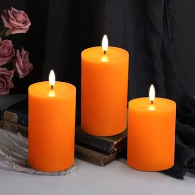 Eywamage Orange Halloween Flameless Pillar Candles with Remote, Real Wax Flickering Fall LED Candles Battery Operated Set of 3 - Image 6